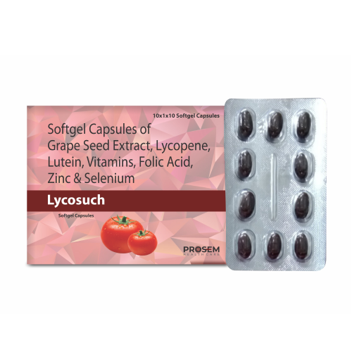 Lycosuch, Softgel Capsules of Grape Seed Extract, Lycopene, Lutein, Vitamins, Folic Acid, Zinc & Selenium, offered by Biofrank Pharmaceuticals (India) Pvt. Ltd.